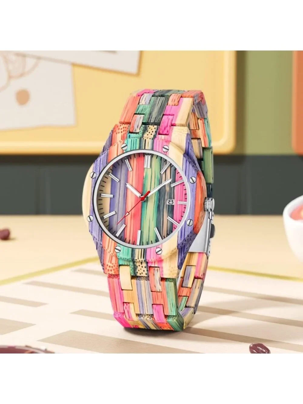 Men's Multicolor Analog Quartz Handmade Colorful Bamboo Geometric Wooden Watch